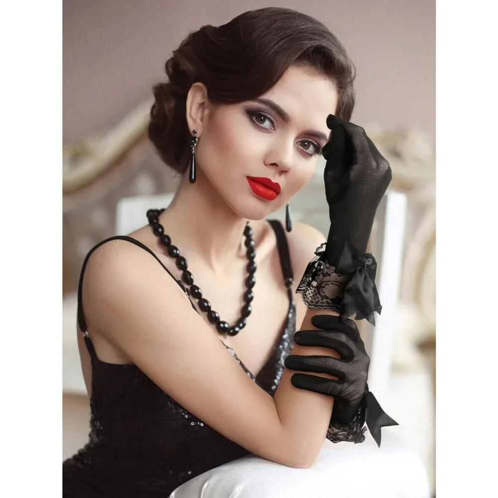Women's Evening Black Elegant Short Lace Bow Gloves Party Wedding Accessories